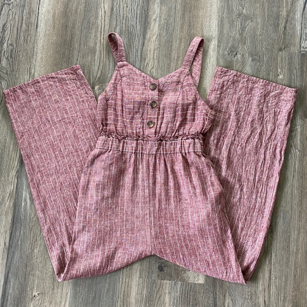 Romeo & Juliet Maroon Pinstripe Button-Up Jumpsuit